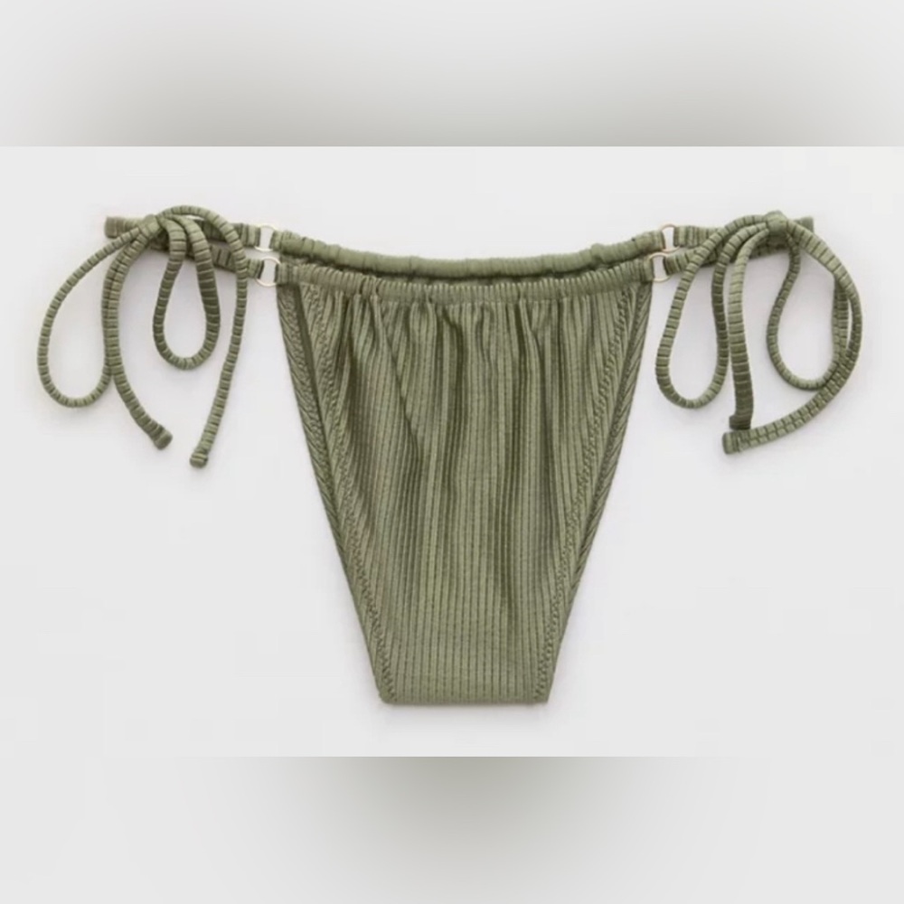 NWT Aerie Shine Rib Cheekiest Strappy Bikini Bottom in Olive - Size L